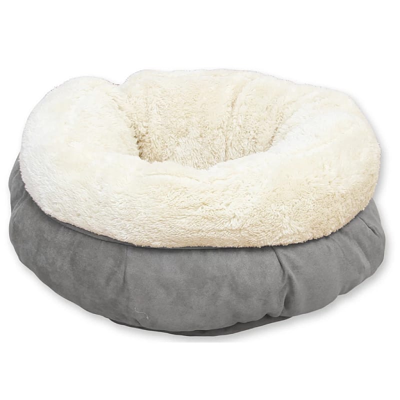 dog bed, pet bed, plush, round, grey