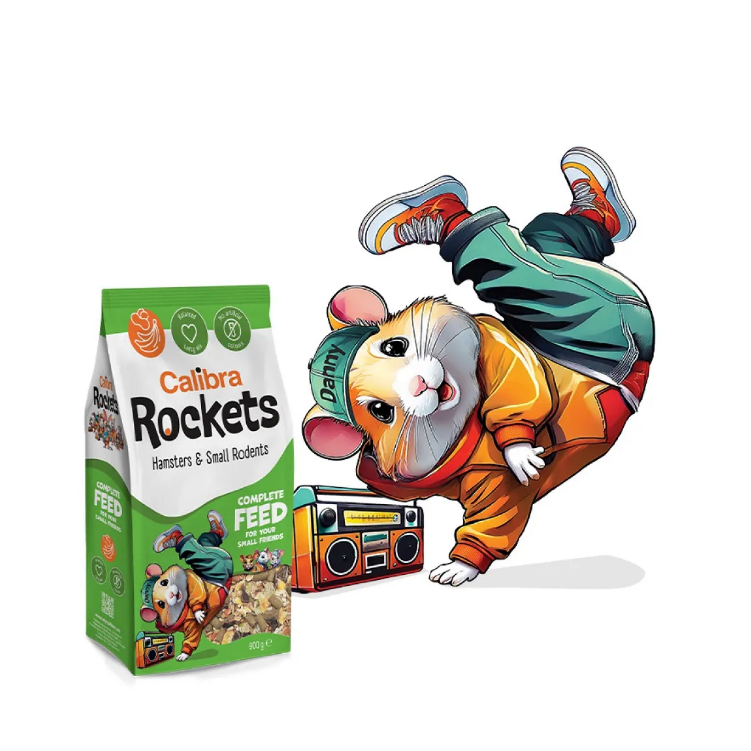 hamster food, rodent feed, bag green packaging, cartoon hamster, snack mix