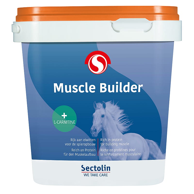 muscle builder, protein powder, horse imagery, orange lid, L-carnitine