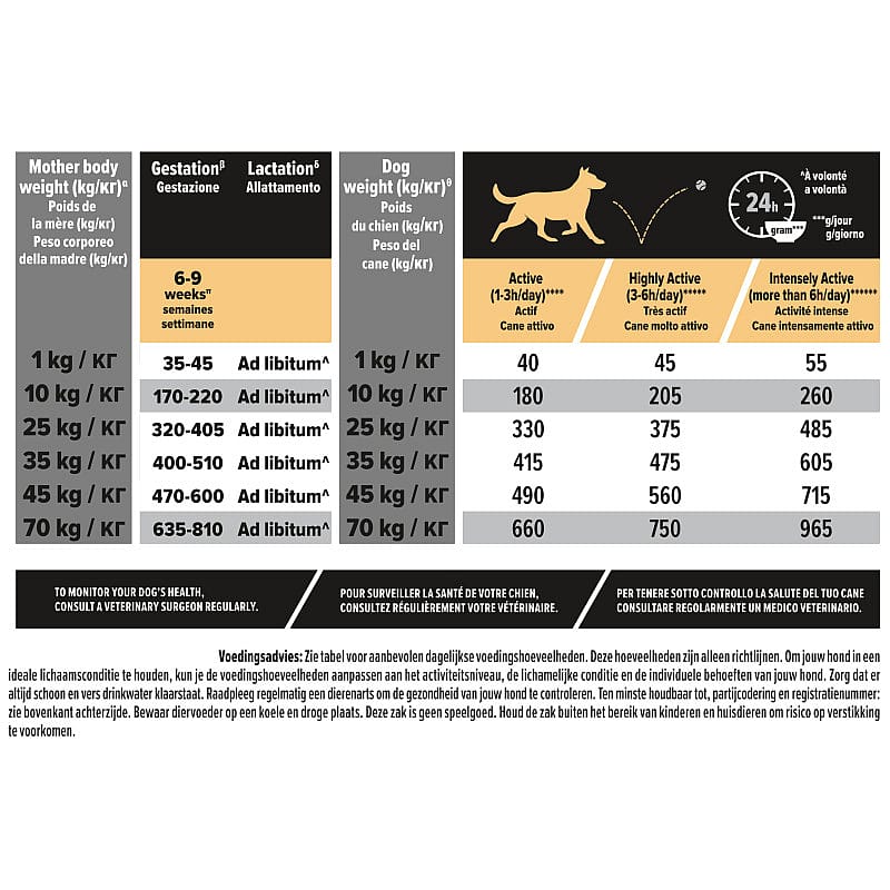 dog, dog weight chart, feeding guide, active dog, bottle diagram