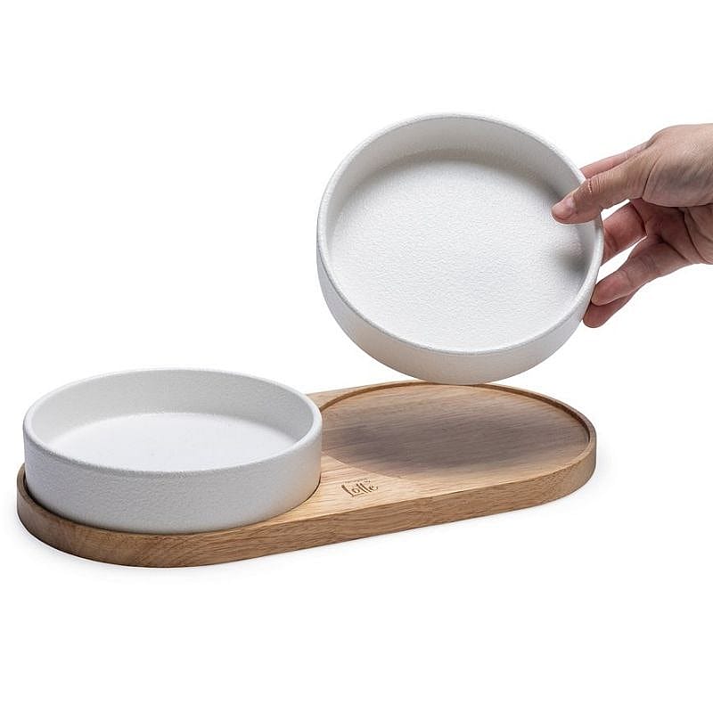 dessert bord, ceramic schaal, set met houten tray, wit bordje, serveerset