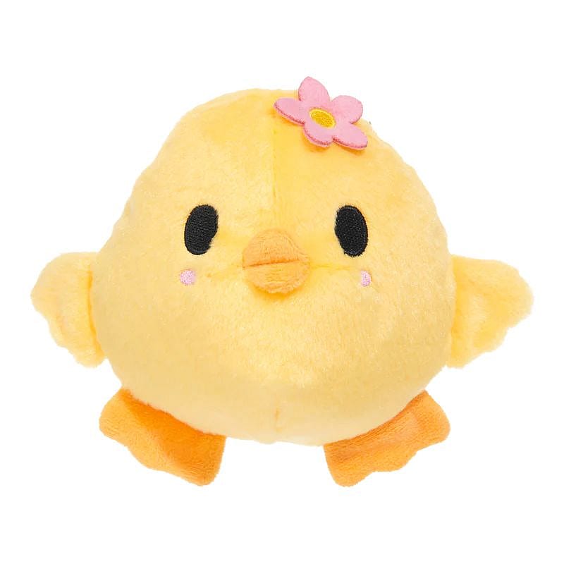 pluche dier, kussenpop, geel, knuffelvogeltje, roze bloem