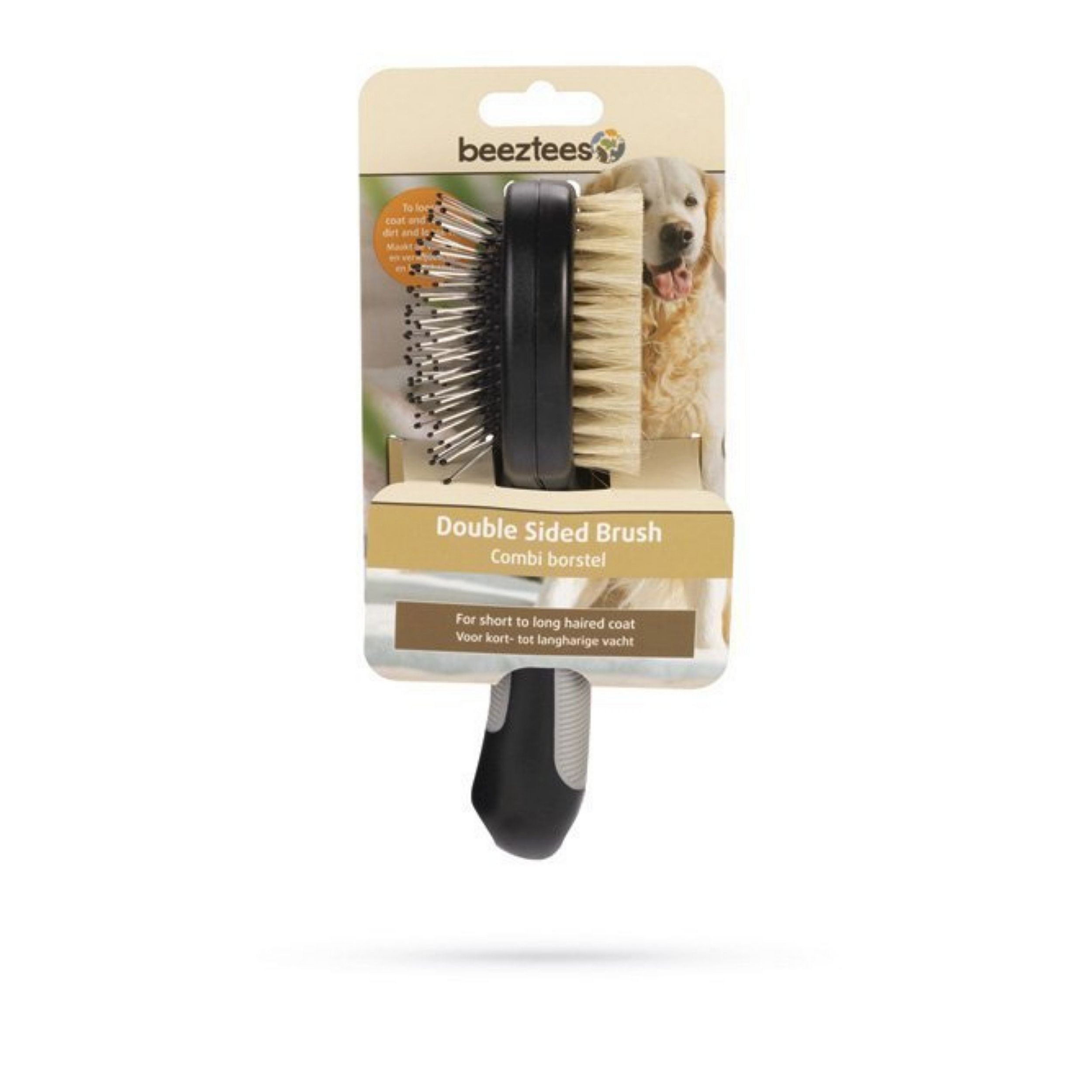 double-sided brush, dog brush, pet grooming, soft bristles, ergonomic handle