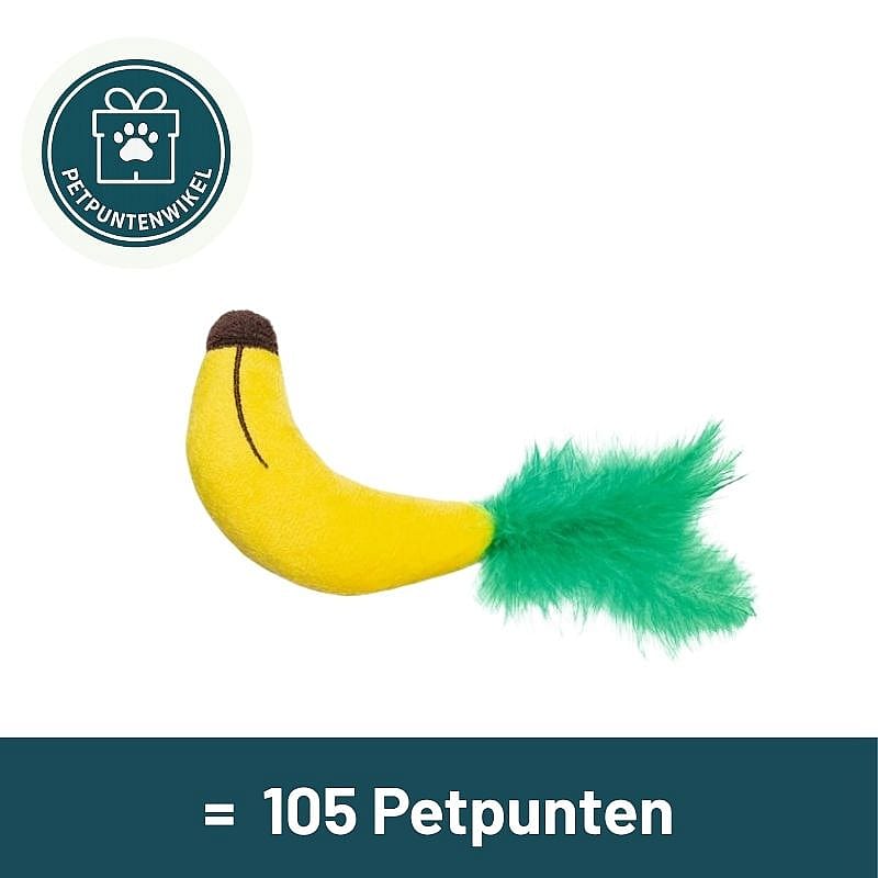 banana toy, dog toy, plush, feather tail, bright yellow, bananasvormig speeltje, pluche, feather tail, geel, groen