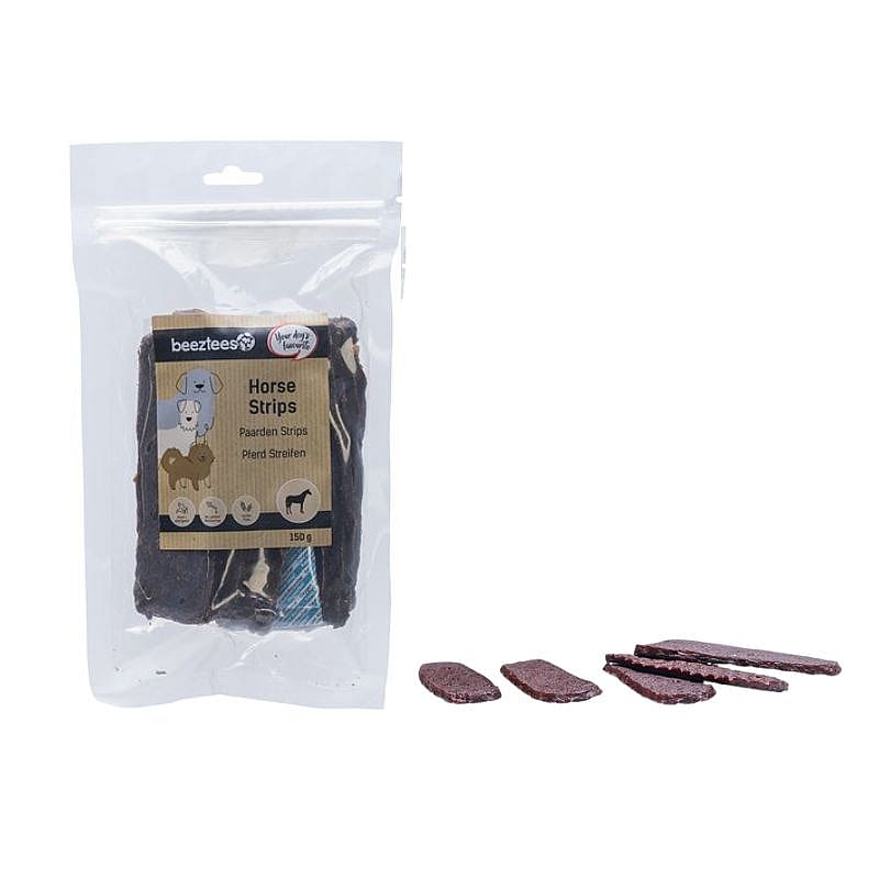 Horse strips, dog treats, beef jerky style, colorful packaging, 150 g