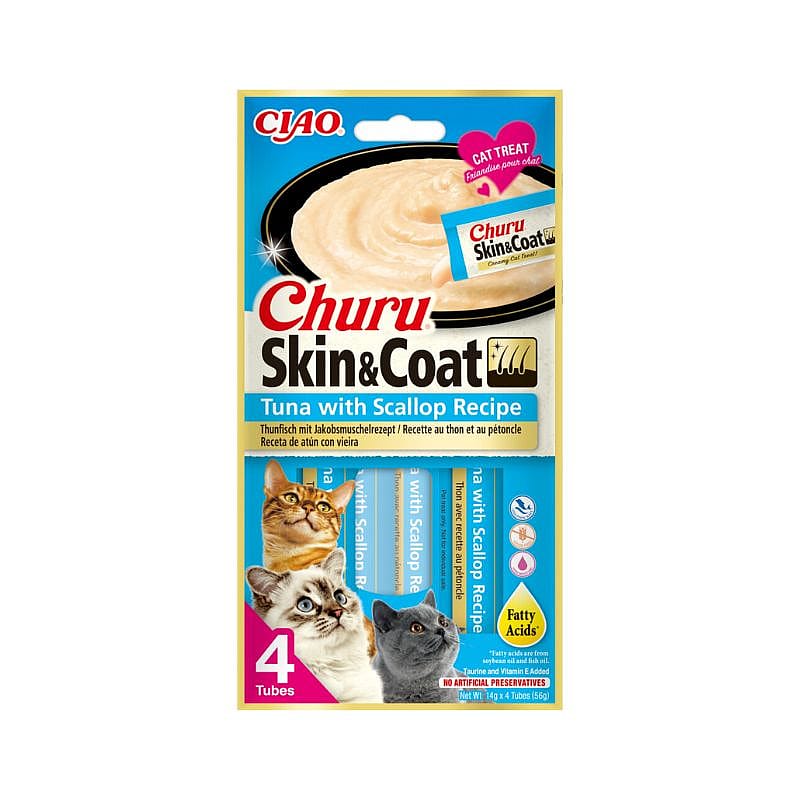 Churu Skin & Coat Vloeibare Snacks 4 stuks Tonijn en Sint-Jacobsschelp