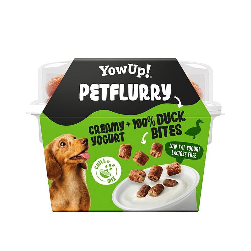 dog food, yogurt, duck bites, green packaging, crunchy snacks