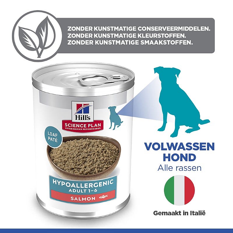 ronde doos, volwassen hond, hypoallergeen, zalm, voer in patéstijl