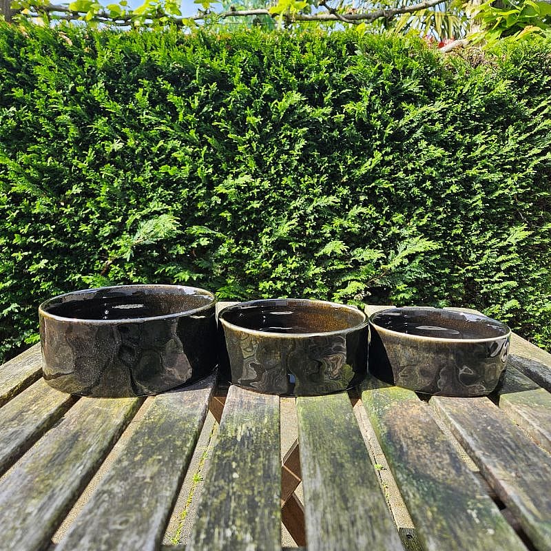 keramische pot, potten, schotel, donkerbruin, tuinaccessoire