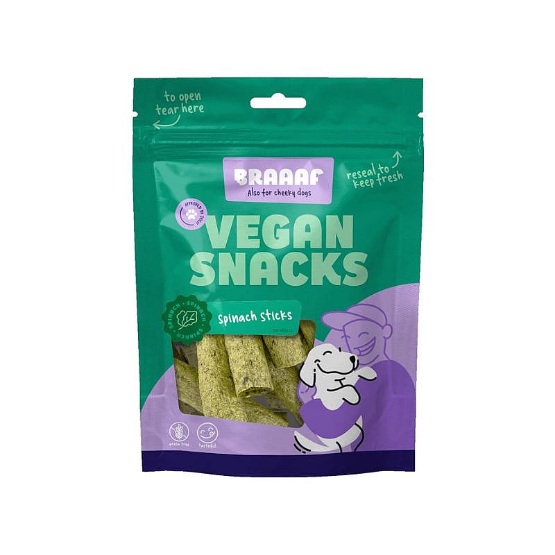 vegan, snacks, spinach sticks, dog treats, groene verpakking