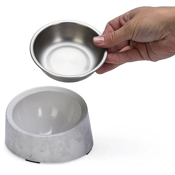 Designed by Lotte Melamine Eet- of Drinkbak Vita Kat Wit - Mat zilveren RVS eetbak