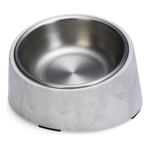 Designed by Lotte Melamine Eet- of Drinkbak Vita Kat Wit - Mat zilveren RVS eetbak