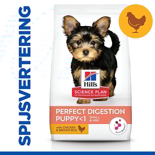 Hills-SciencePlan-Dog-PerfectDigestion-SmallenMini-callout Datumvoordeel (op=op) Hill's Science Plan Perfect Digestion Small & Mini Puppyvoer Kip & Rijst 3 kg