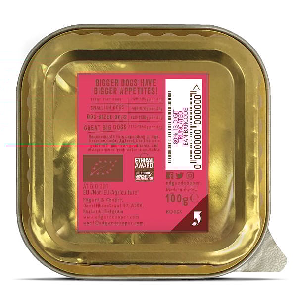 Edgard & Cooper Adult Hondenvoer Biologisch Kuipjes Rund 17 x 100 gram