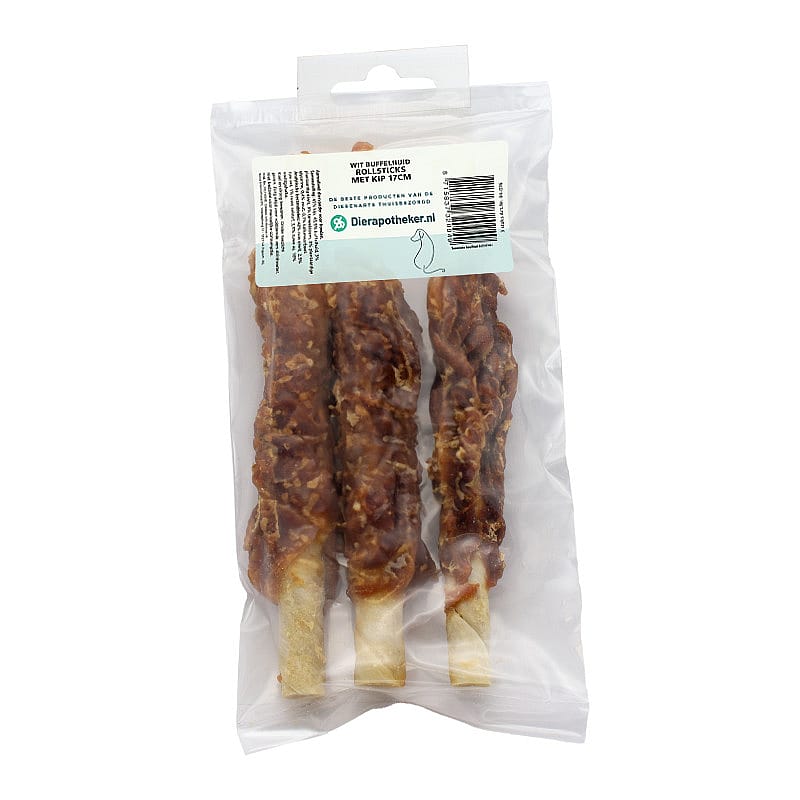 Dierapotheker Rollsticks Wit Buffelhuid met Kip Hond 3 x 17 cm