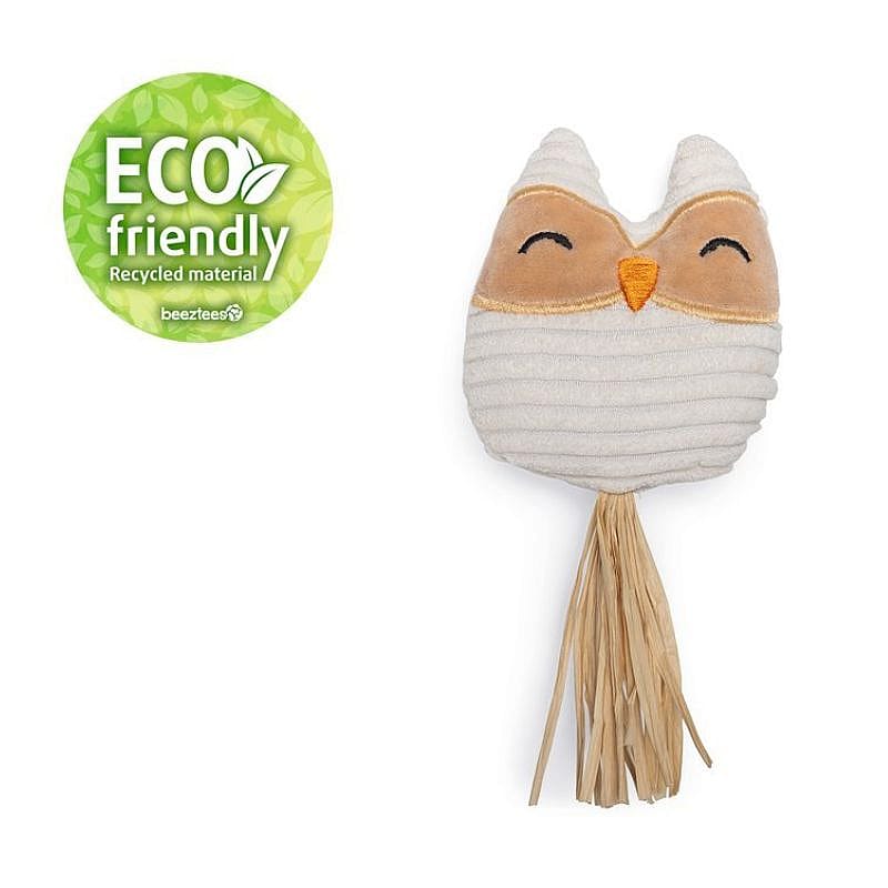 eco friendly, recycled material, owl toy, natural fibers, tassel tail