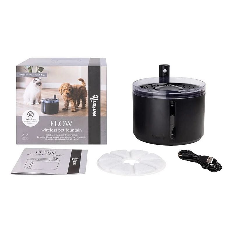 District 70 FLOW 2.2 L Draadloze Drinkfontein Hond Kat Zwart