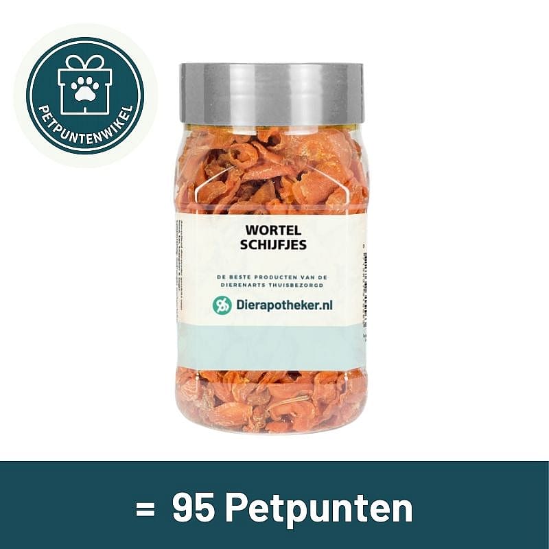 wortel schijfjes, gedroogde snack, dierenvoer, tussendier, wortelpunten