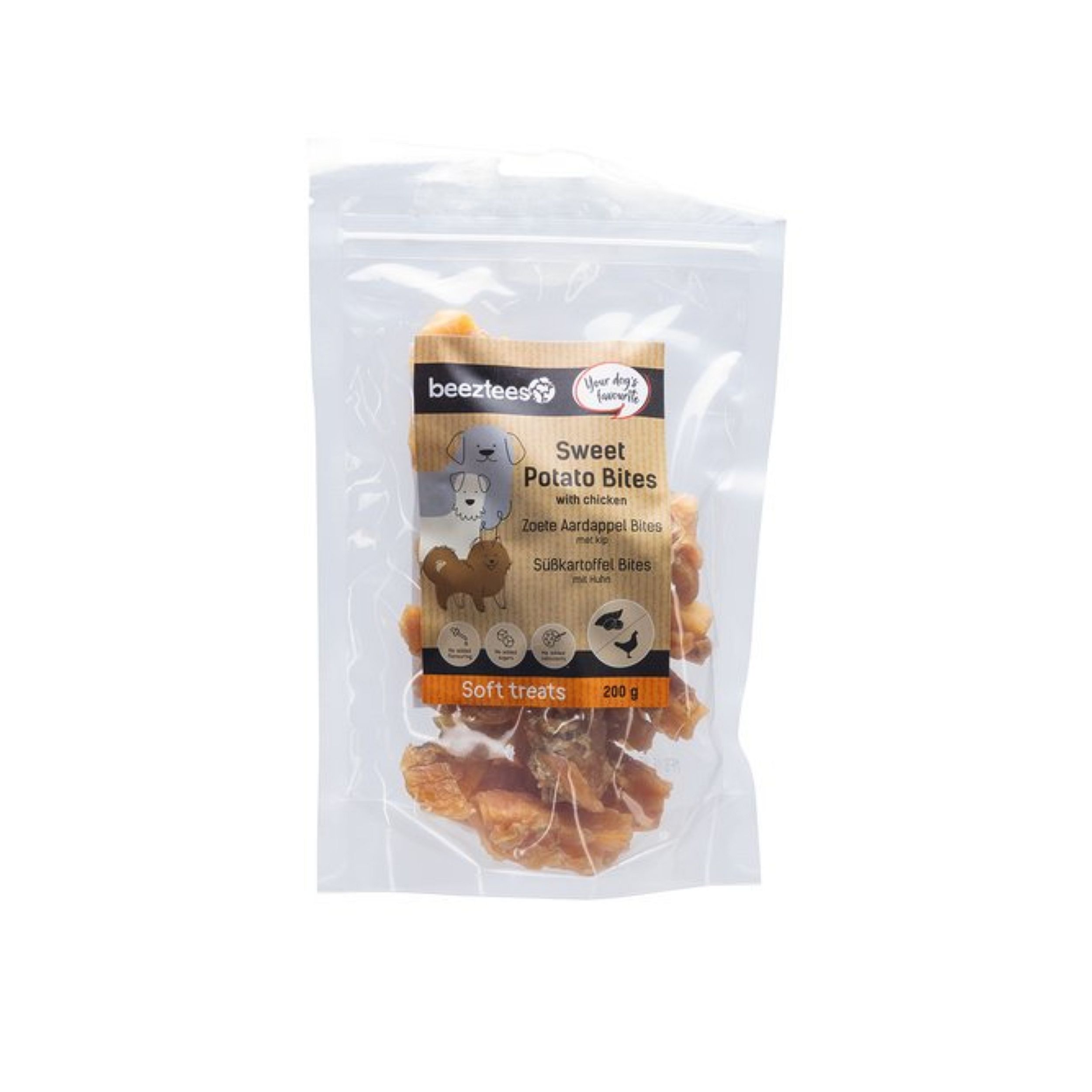 aardappelbeetjes, zachte traktaties, honden snack, met kip, 200 g, sweet potato bites, soft treats, dog treats, with chicken, 200 g