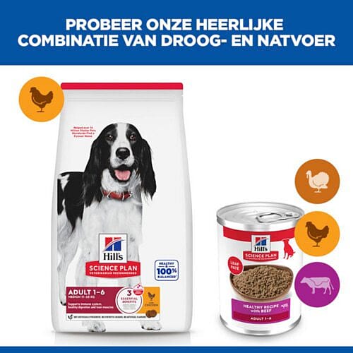 dog food, dog kibble, adult 1-6, hills science plan, bag and can