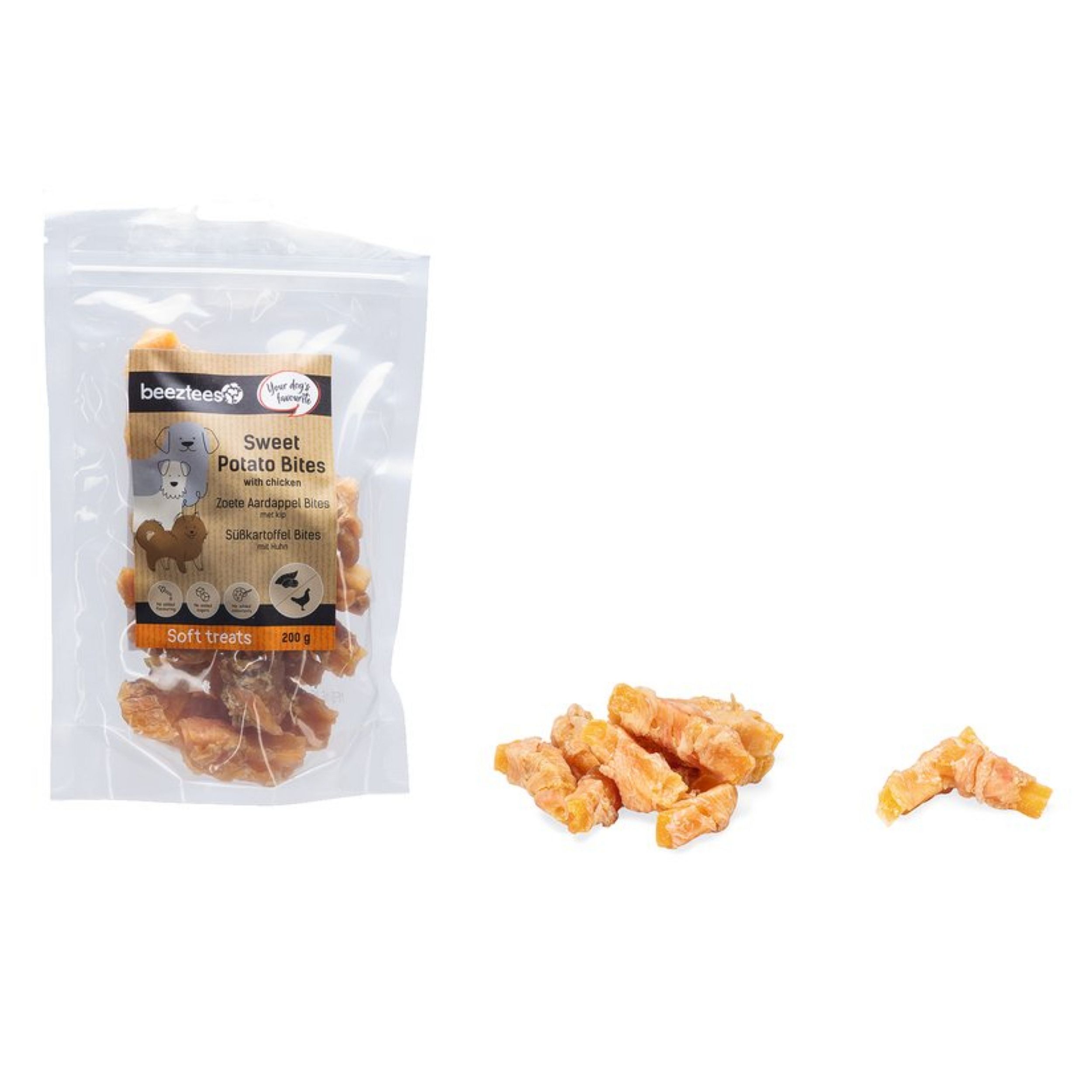 Sweet potato bites, dog treats, snack bites, orange color, 200 g packaging
