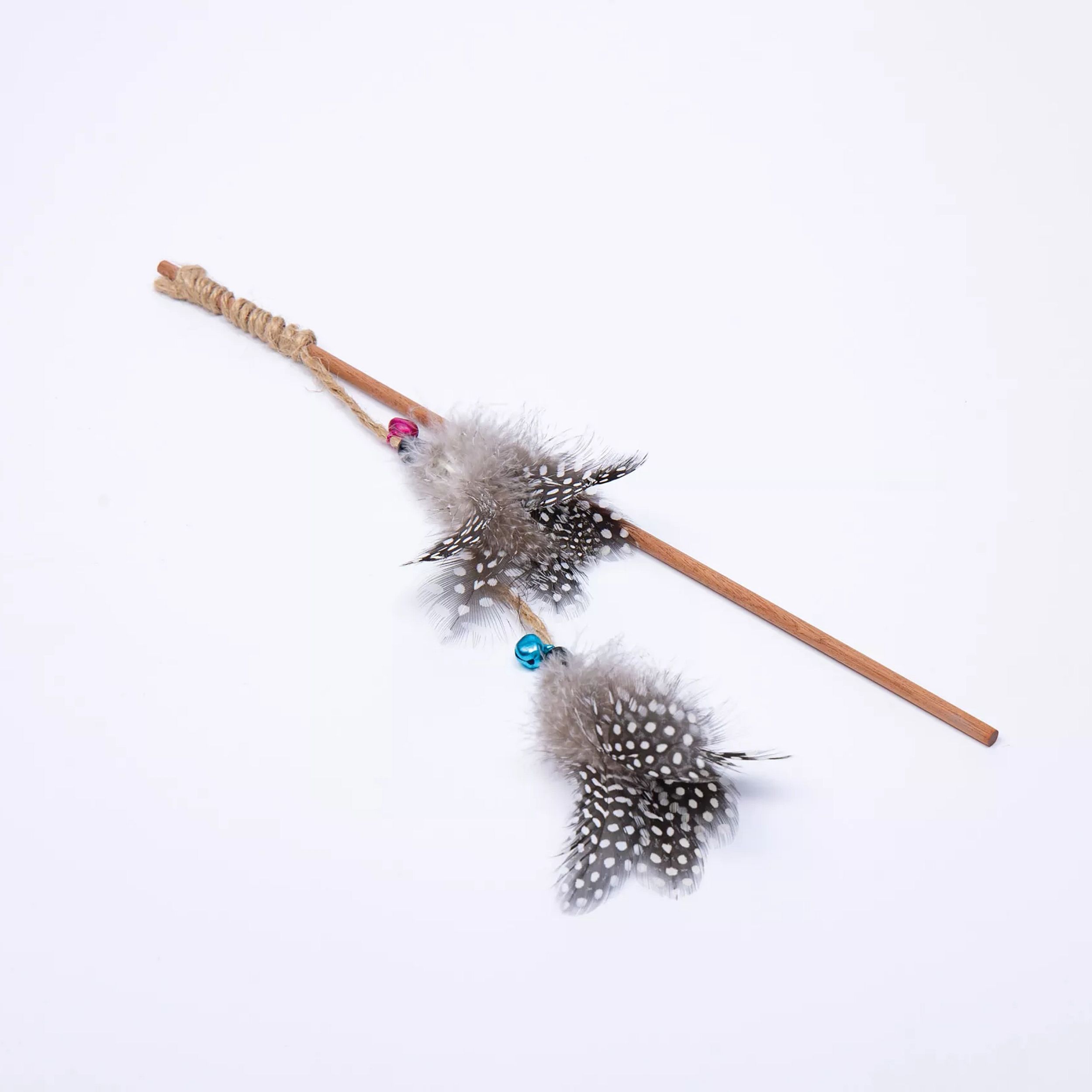 feather, gray feather, cat toy, wand, twine rope