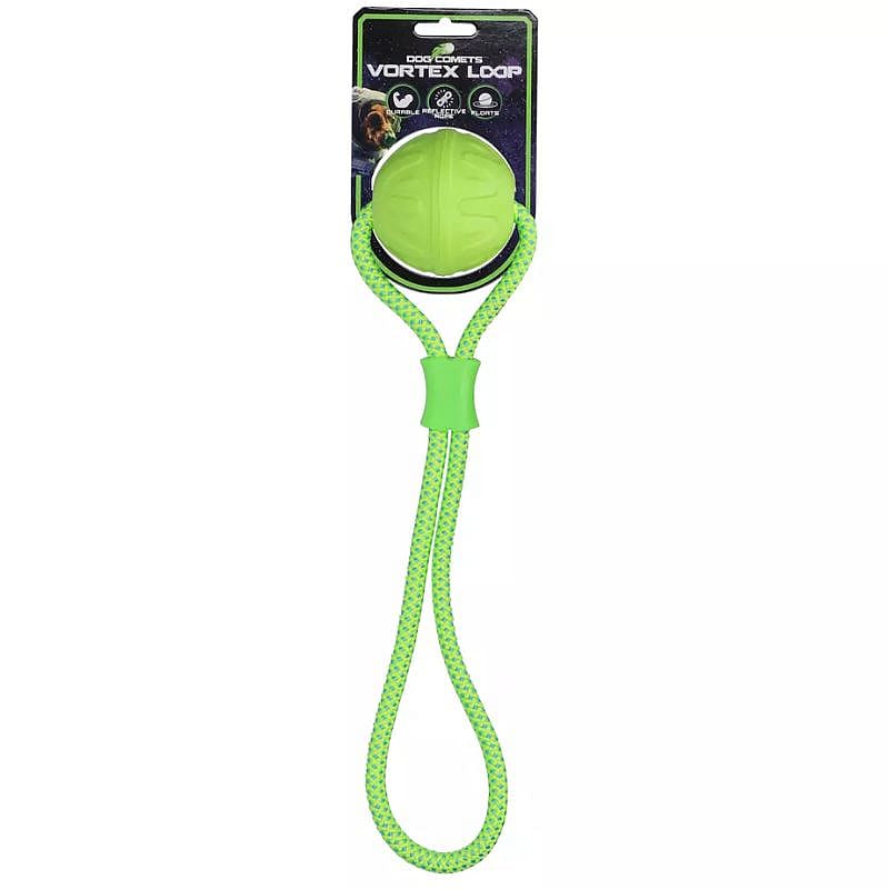 vortex loop, dog toy, ball launcher, green rope, interactive toy