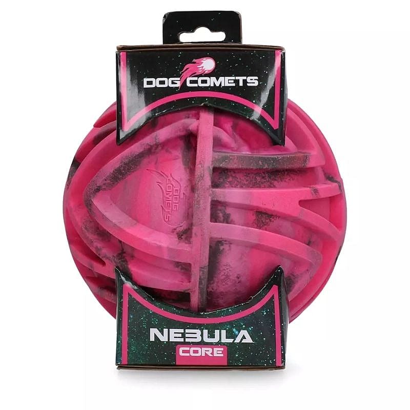 dog toy, pink color, spherical toy, core design, nebula pattern