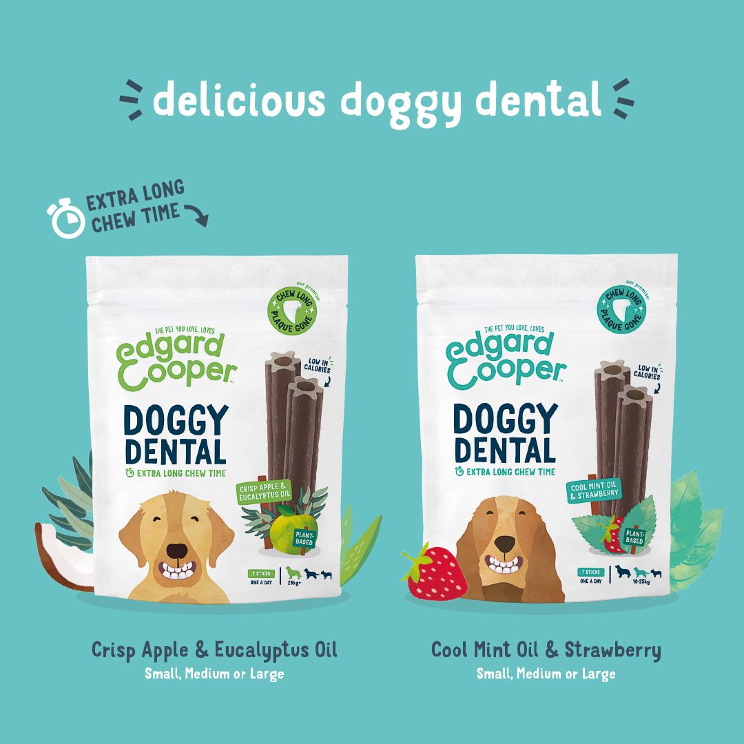 Edgard & Cooper Doggy Dental Sticks Hondensnack - Muntolie en Aardbei Edgard & Cooper Doggy Dental Sticks Hondensnack - Muntolie en Aardbei