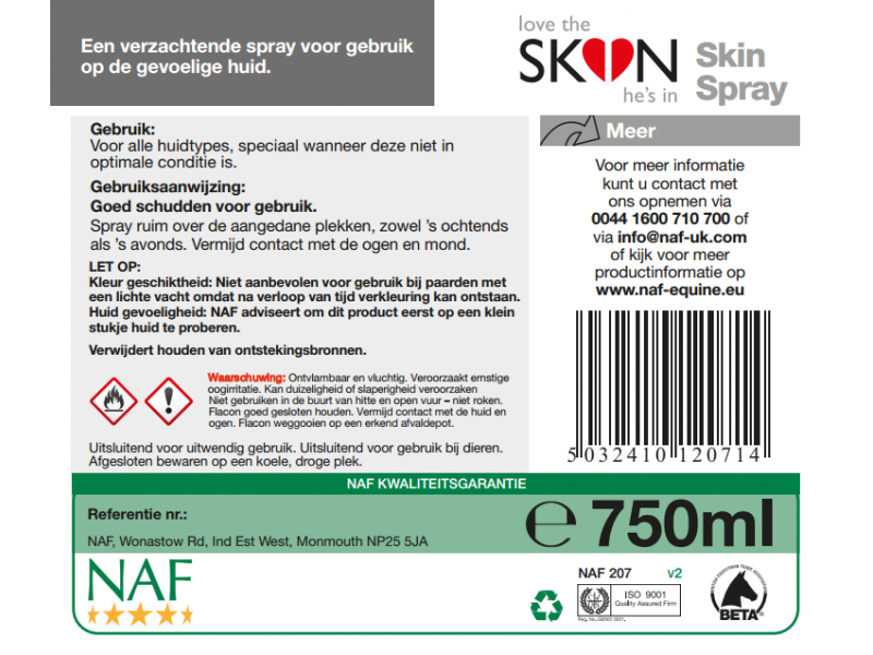 NAF Love The Skin He’s In Skin Spray 750 ml – Verzachtende huidverzorging voor paarden 