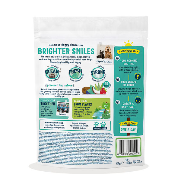 Edgard & Cooper Doggy Dental Sticks Hondensnack - Muntolie en Aardbei Edgard & Cooper Doggy Dental Sticks Hondensnack - Muntolie en Aardbei