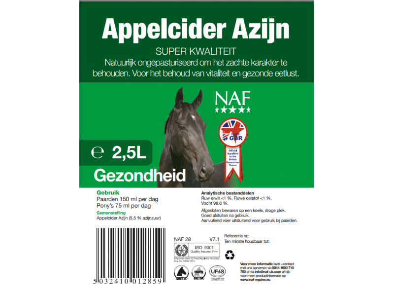 NAF Appelciderazijn – Natuurlijk supplement voor spijsvertering en vitaliteit bij paarden 2.5 liter