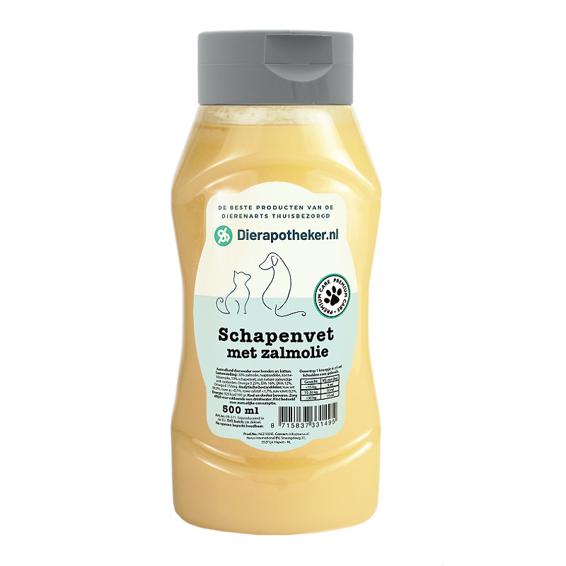 Dierapotheker Zalmolie & Schapenvet 500 ml – Voor vacht, weerstand en vertering bij hond en kat